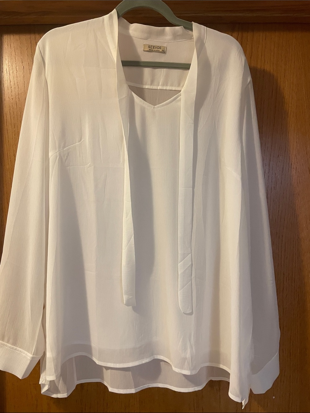 Acevog Cream V-Neck Tie-Neck Long Sleeve Blouse L73